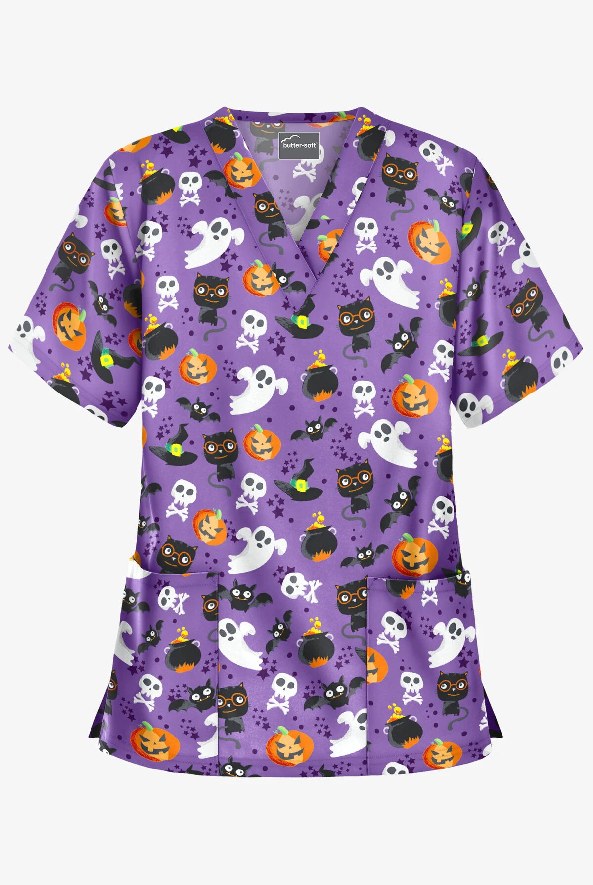 Butter-Soft Halloween Spell Purple Glow Women's 2-Pocket Relaxed Fit V-Neck Print Scrub Top 3 Butter-Soft Halloween Spell Purple Glow Women's 2-Pocket Relaxed Fit V-Neck Print Scrub Top
