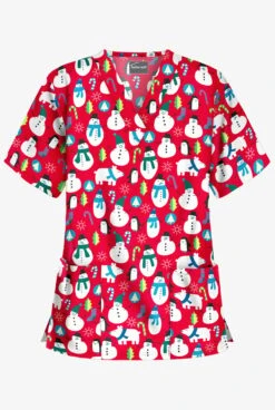 Butter-Soft North Pole Party Red Women's 2-Pocket Relaxed Fit V-Neck Print Scrub Top