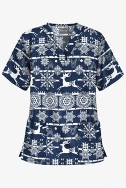 Butter-Soft Nordic Winter Navy Women's 2-Pocket Relaxed Fit V-Neck Print Scrub Top