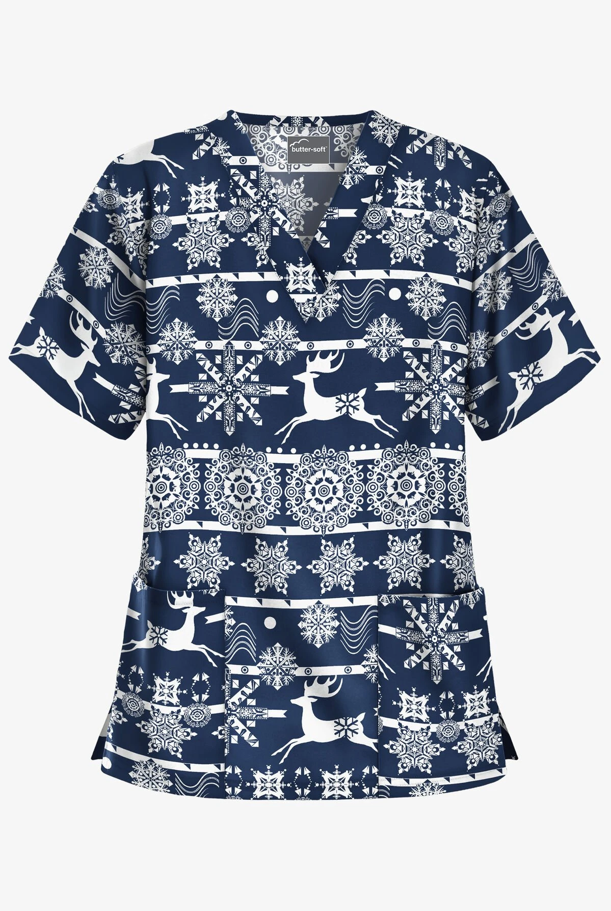 Butter-Soft Nordic Winter Navy Women's 2-Pocket Relaxed Fit V-Neck Print Scrub Top 3 Butter-Soft Nordic Winter Navy Women's 2-Pocket Relaxed Fit V-Neck Print Scrub Top