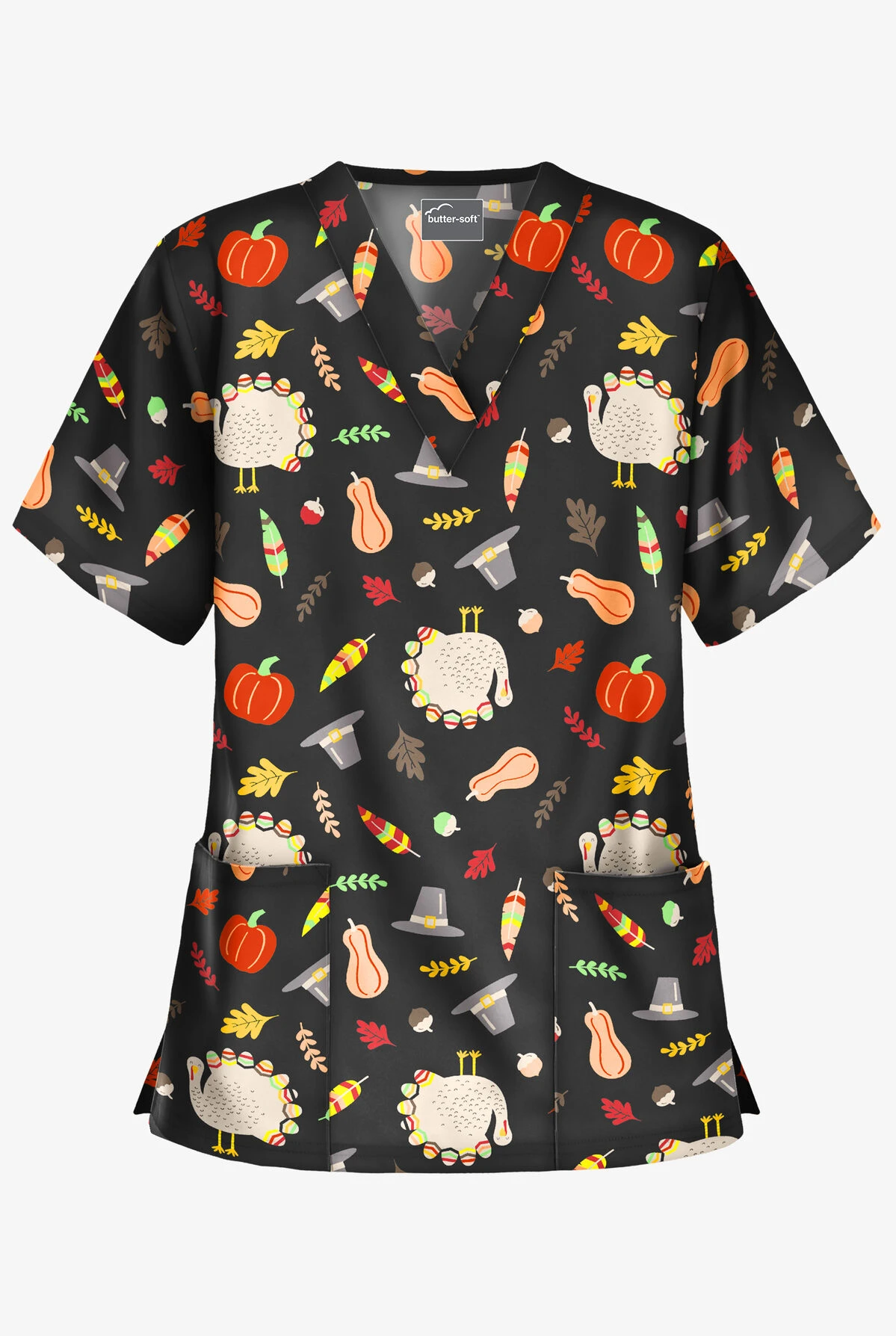 Butter-Soft Thanksgiving Walk Women's 2-Pocket Relaxed Fit V-Neck Print Scrub Top 3 Butter-Soft Thanksgiving Walk Women's 2-Pocket Relaxed Fit V-Neck Print Scrub Top