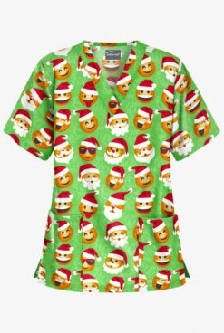 Butter-Soft X-Mas Emojis Grass Green Women's 2-Pocket Relaxed Fit V-Neck Print Scrub Top