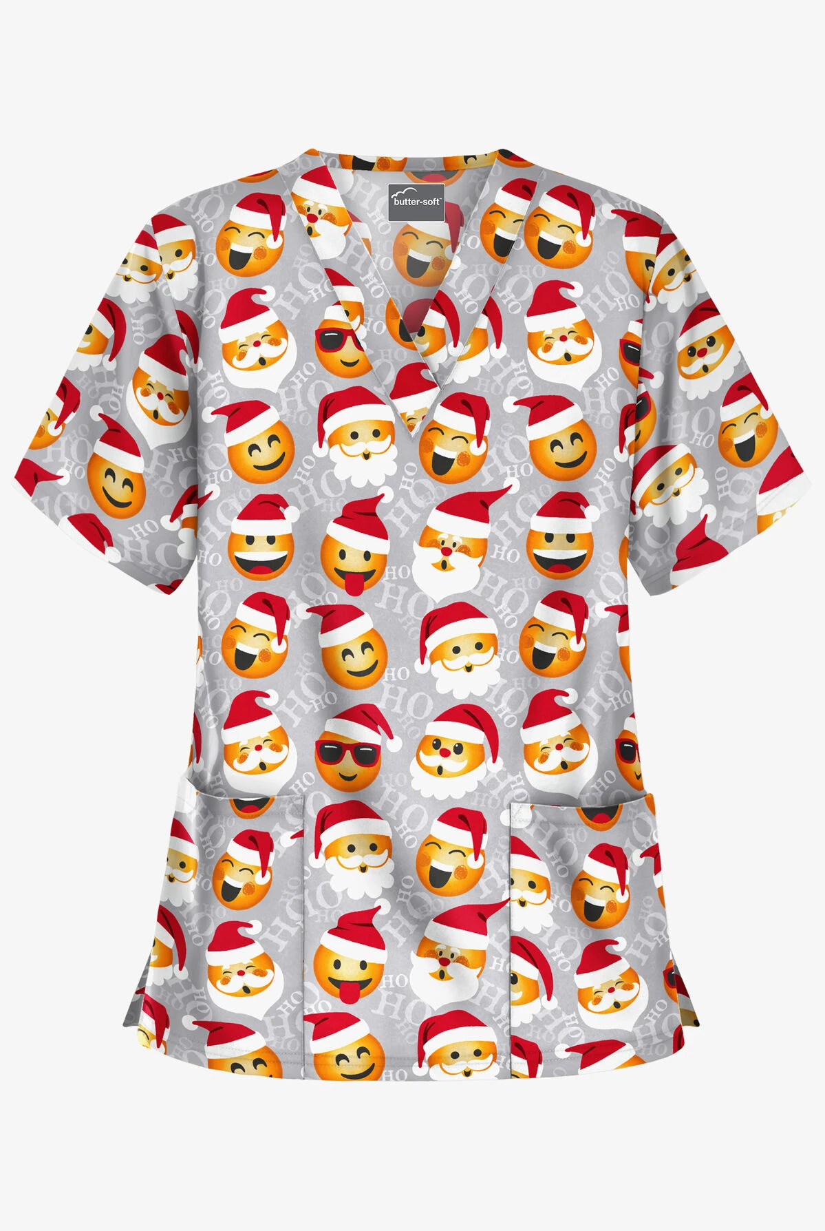Butter-Soft X-Mas Emojis Silver Women's 2-Pocket Relaxed Fit V-Neck Print Scrub Top 3 Butter-Soft X-Mas Emojis Silver Women's 2-Pocket Relaxed Fit V-Neck Print Scrub Top