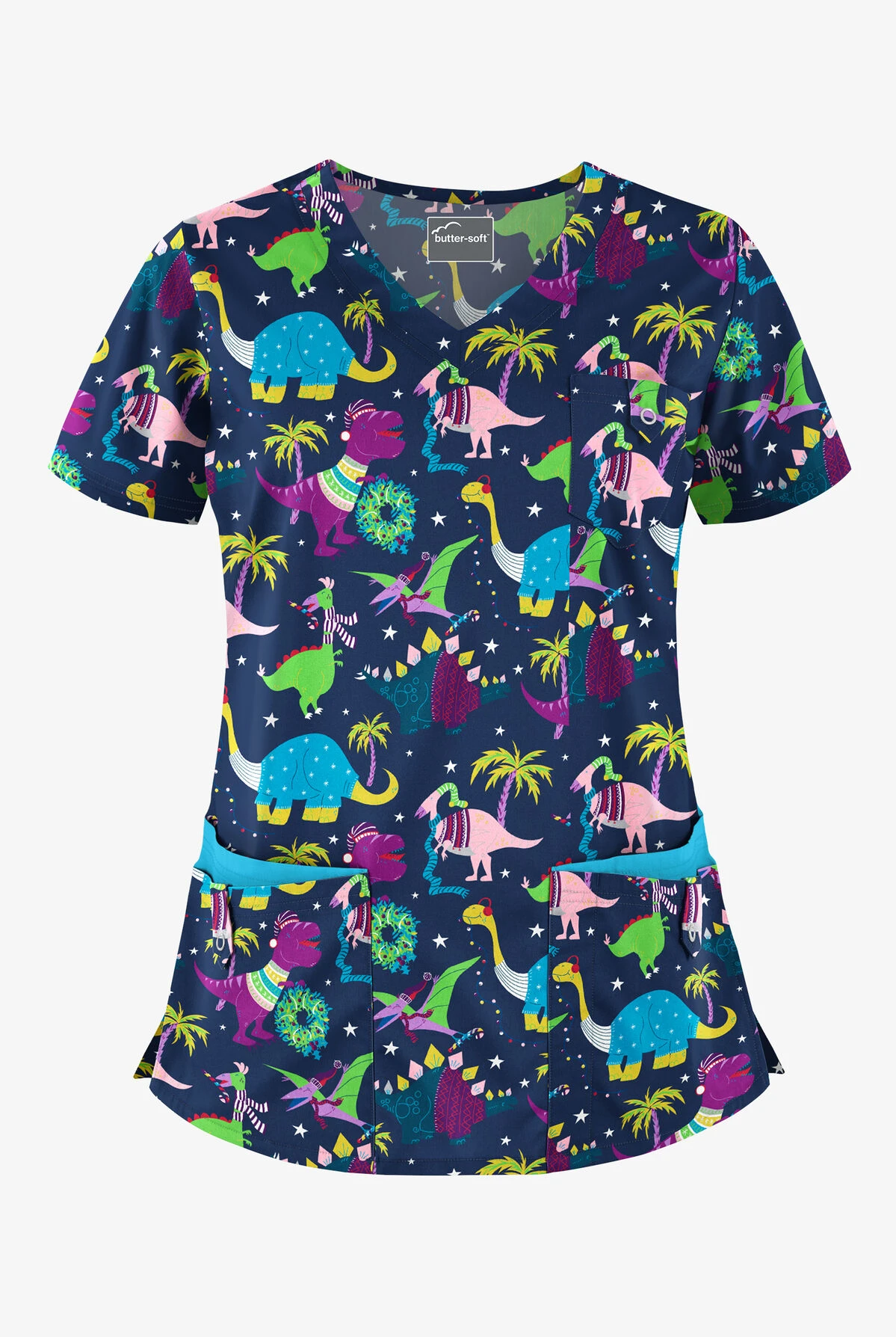 Butter-Soft Christmas Dinos Navy Women's 5-Pocket Rounded V-Neck Print Scrub Top 3 Butter-Soft Christmas Dinos Navy Women's 5-Pocket Rounded V-Neck Print Scrub Top
