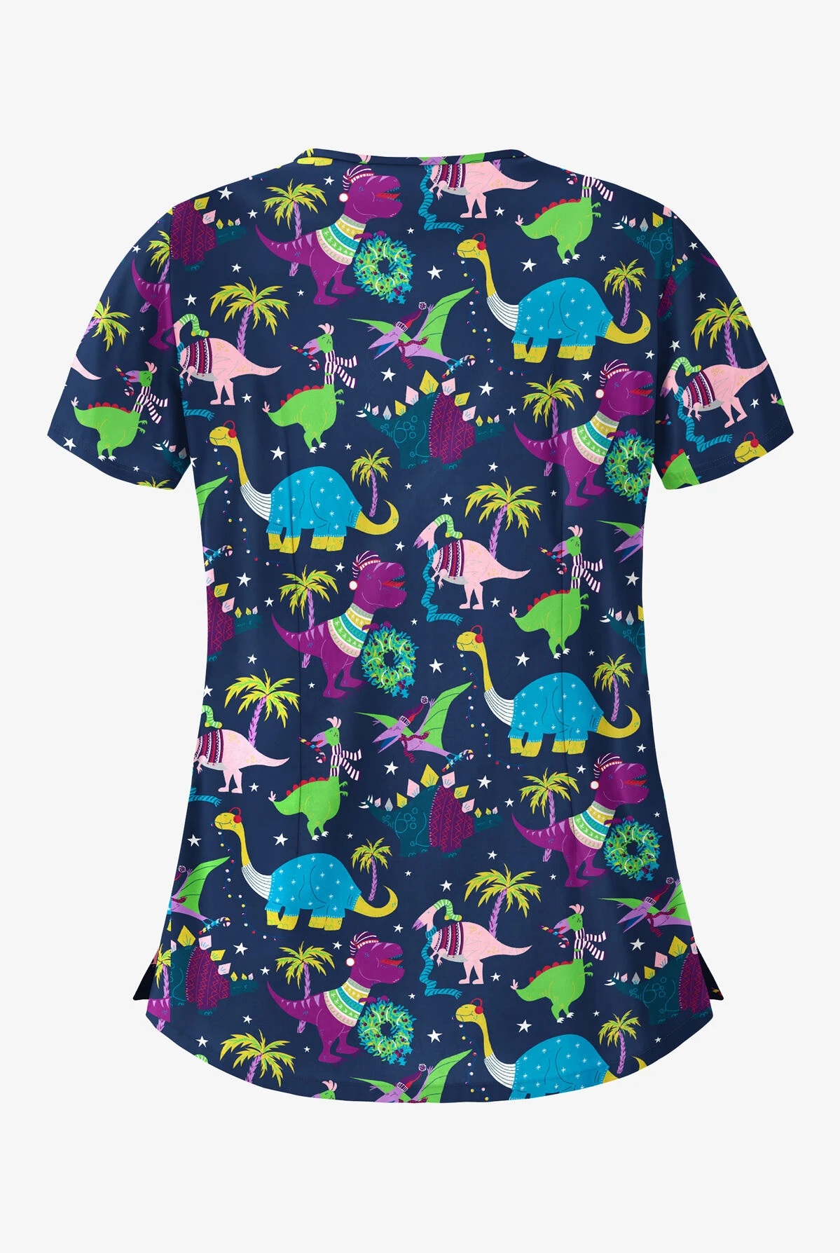 Butter-Soft Christmas Dinos Navy Women's 5-Pocket Rounded V-Neck Print Scrub Top 4 Butter-Soft Christmas Dinos Navy Women's 5-Pocket Rounded V-Neck Print Scrub Top - Image 2