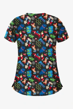 Butter-Soft Happy Dogs Women's 5-Pocket Rounded V-Neck Print Scrub Top -Fashion Clothing H638HDBL 2