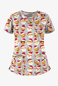 Butter-Soft X-Mas Emojis Silver Women's 5-Pocket Rounded V-Neck Print Scrub Top