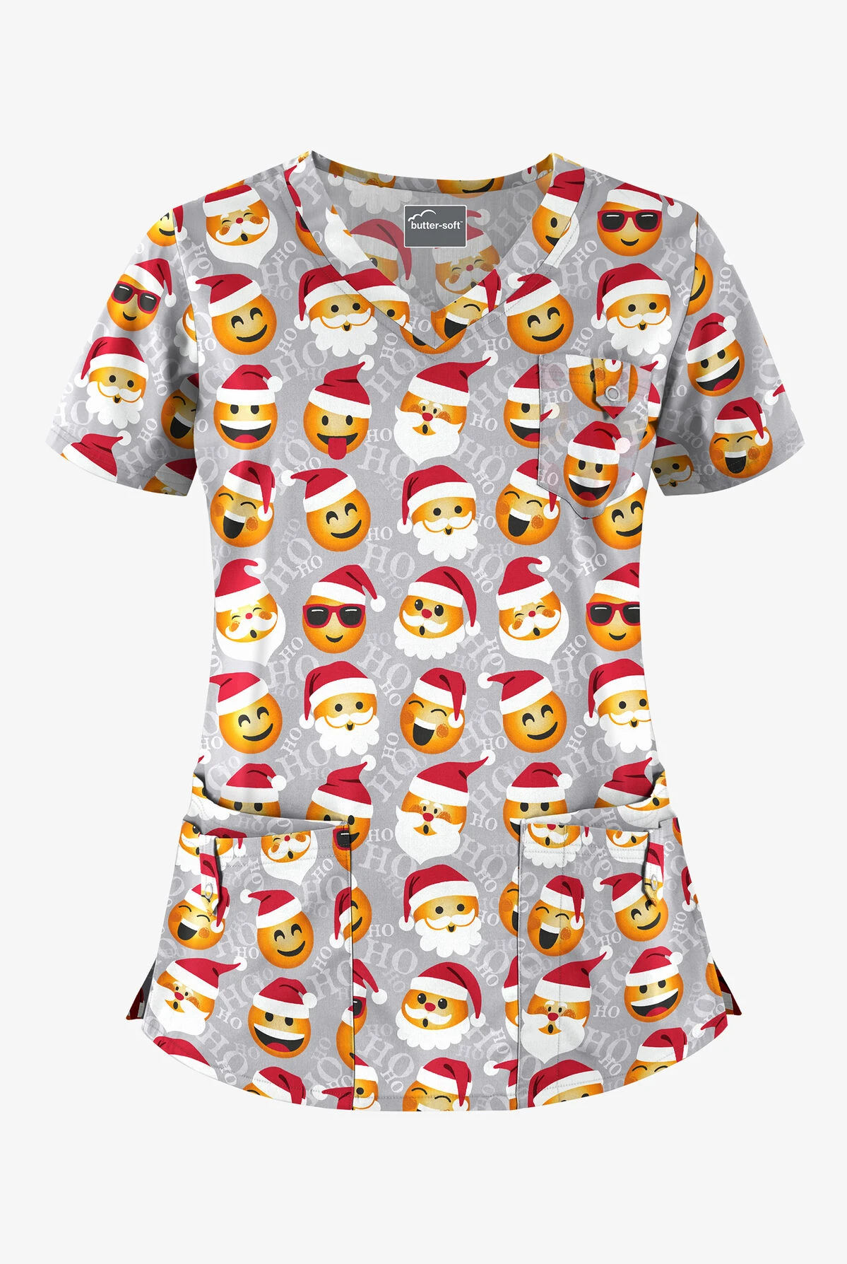 Butter-Soft X-Mas Emojis Silver Women's 5-Pocket Rounded V-Neck Print Scrub Top 3 Butter-Soft X-Mas Emojis Silver Women's 5-Pocket Rounded V-Neck Print Scrub Top