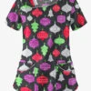 Butter-Soft Festive Ornaments Women's 4-Pocket Asymmetrical Neck Print Scrub Top -Fashion Clothing H658FOBL 1