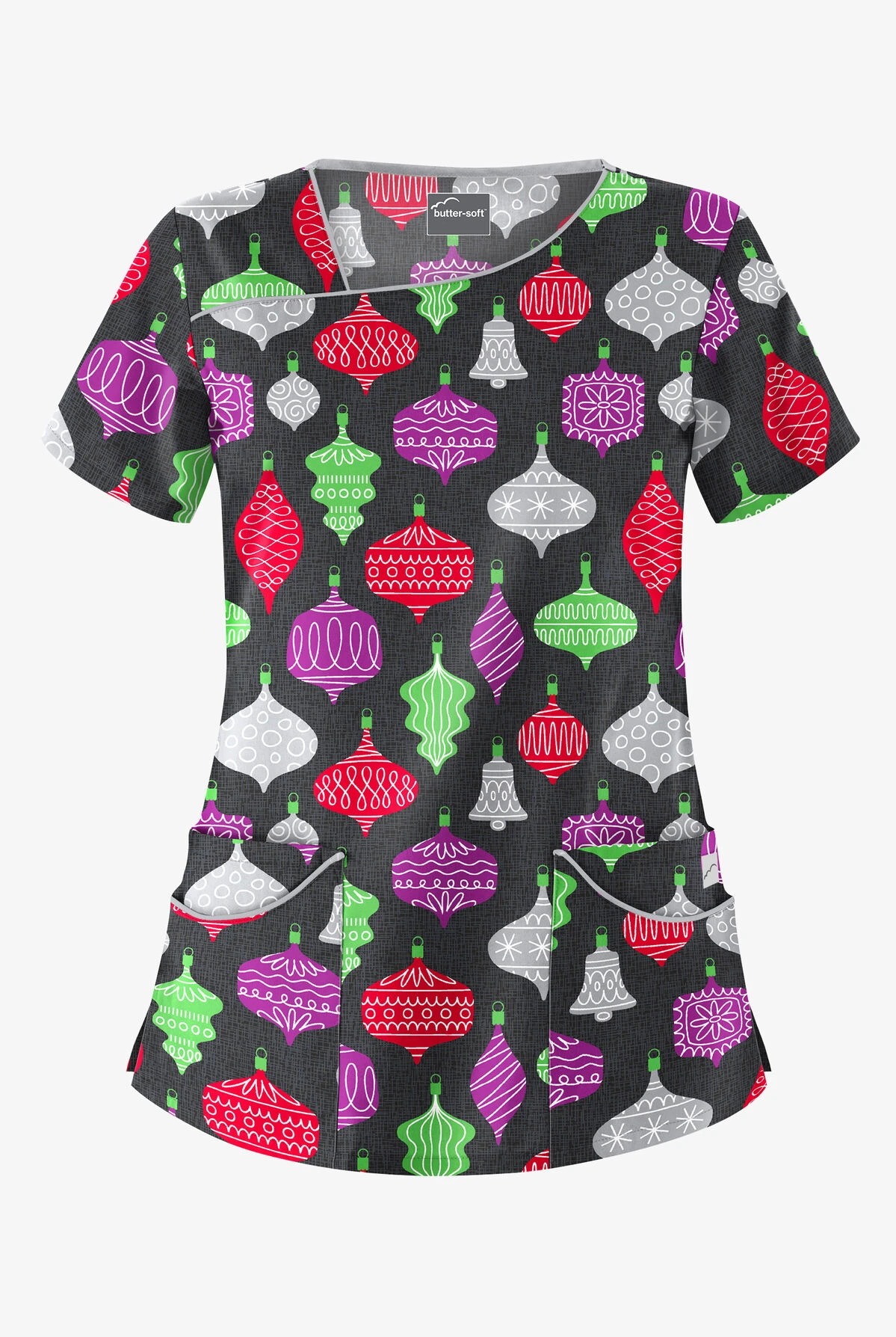 Butter-Soft Festive Ornaments Women's 4-Pocket Asymmetrical Neck Print Scrub Top 3 Butter-Soft Festive Ornaments Women's 4-Pocket Asymmetrical Neck Print Scrub Top