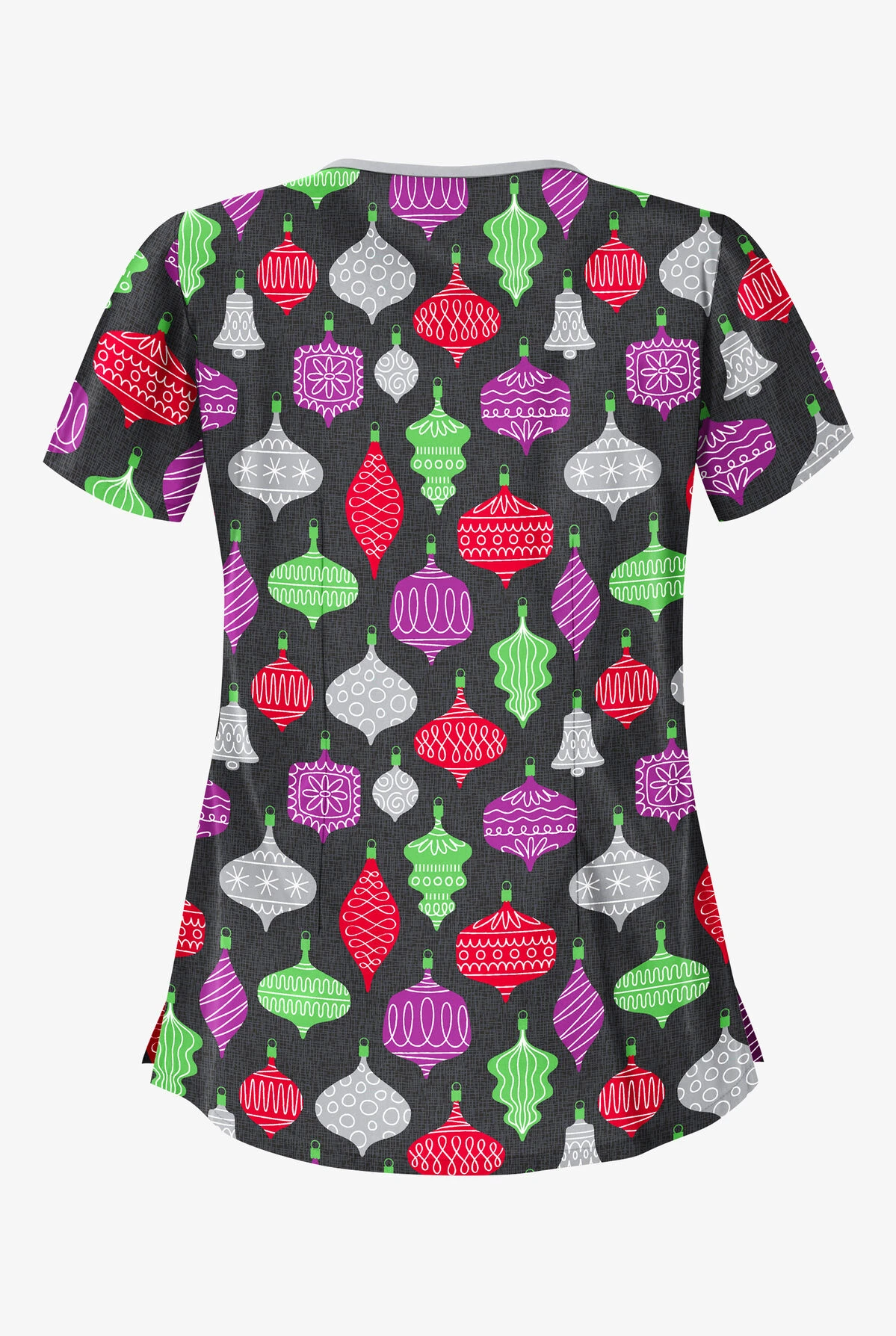 Butter-Soft Festive Ornaments Women's 4-Pocket Asymmetrical Neck Print Scrub Top 4 Butter-Soft Festive Ornaments Women's 4-Pocket Asymmetrical Neck Print Scrub Top - Image 2