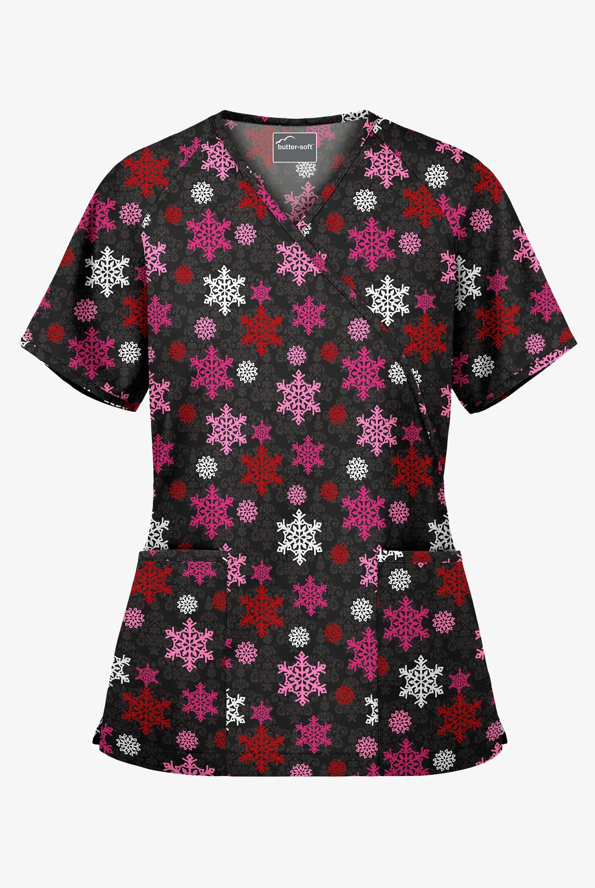 Butter-Soft Morning Snow Women's 2-Pocket Mock Wrap Print Scrub Top 3 Butter-Soft Morning Snow Women's 2-Pocket Mock Wrap Print Scrub Top