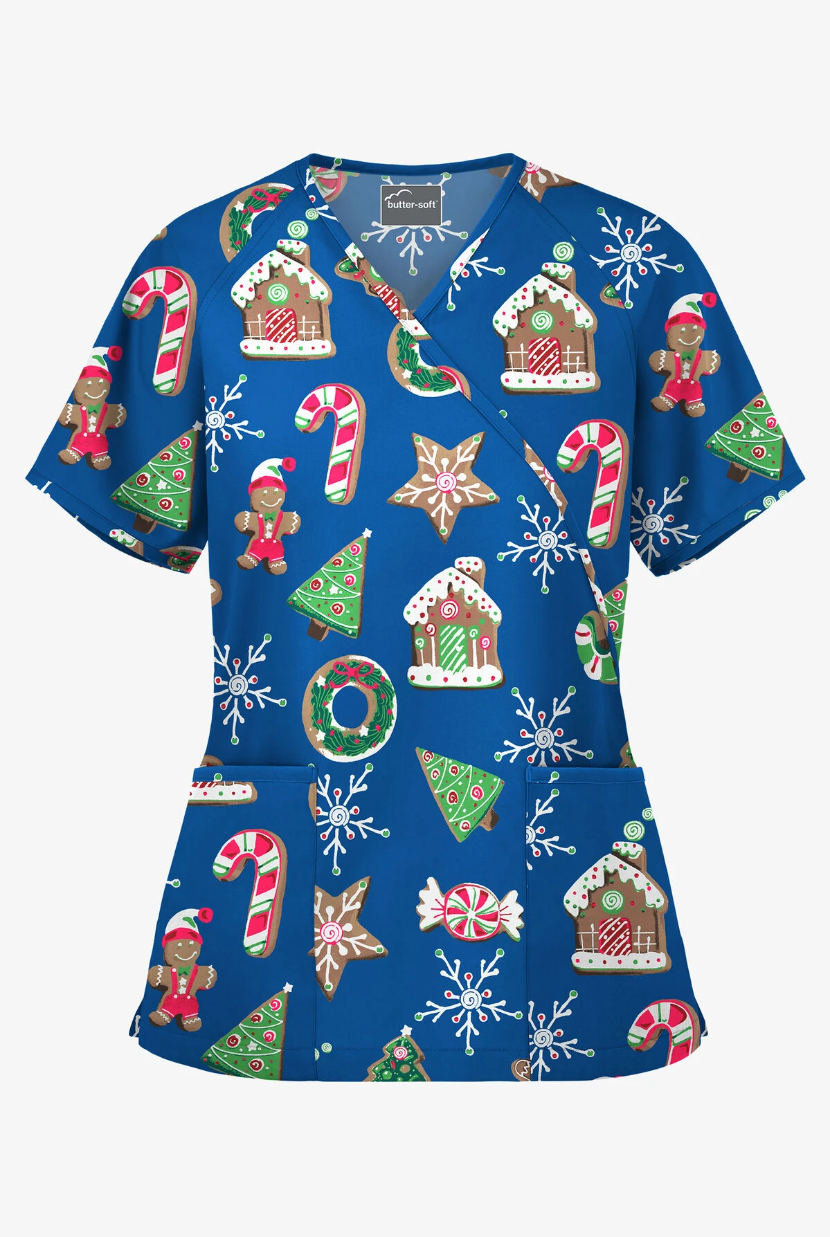 Butter-Soft Santa's Cookies Royal Women's 2-Pocket Mock Wrap Print Scrub Top 3 Butter-Soft Santa's Cookies Royal Women's 2-Pocket Mock Wrap Print Scrub Top