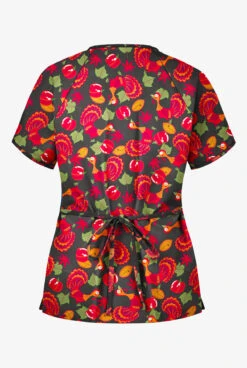 Butter-Soft Thanksgiving Morning Women's 2-Pocket Mock Wrap Print Scrub Top -Fashion Clothing H668THR 2