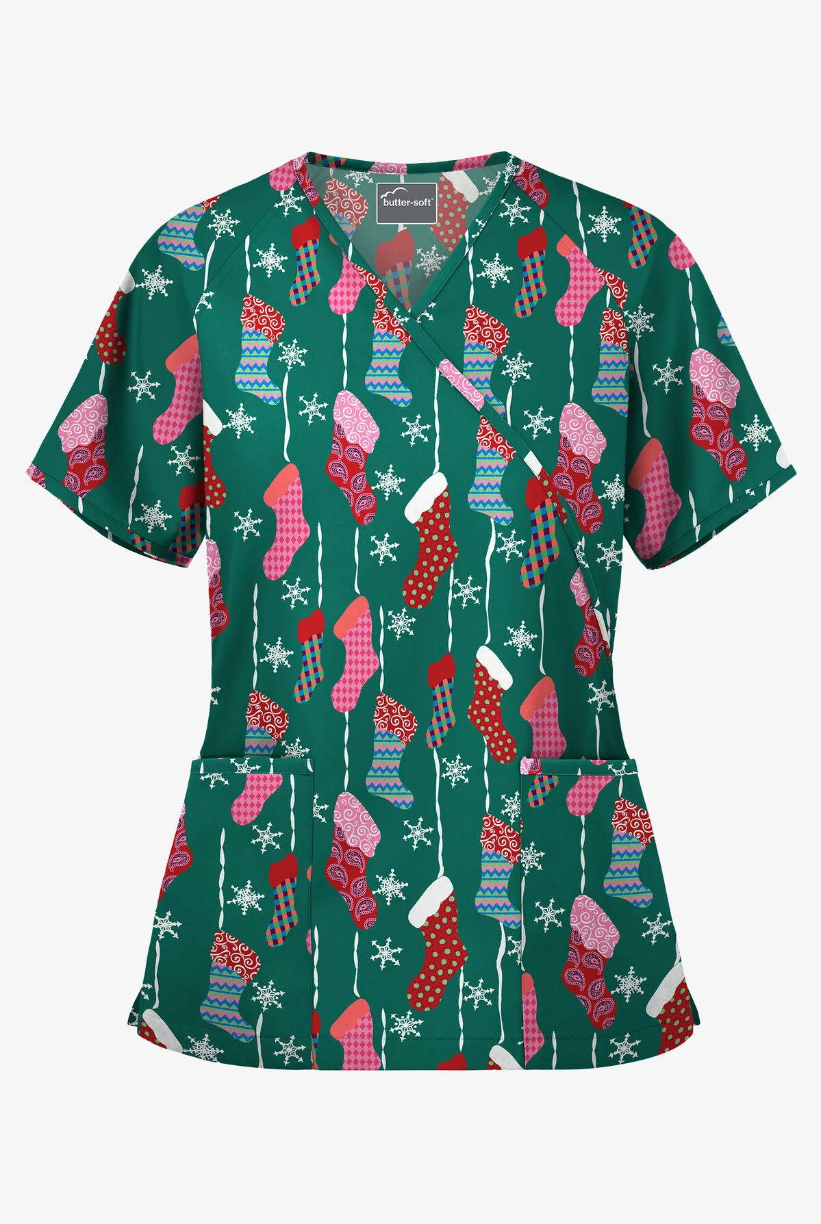 Butter-Soft Waiting For Santa Hunter Women's 2-Pocket Mock Wrap Print Scrub Top 3 Butter-Soft Waiting For Santa Hunter Women's 2-Pocket Mock Wrap Print Scrub Top