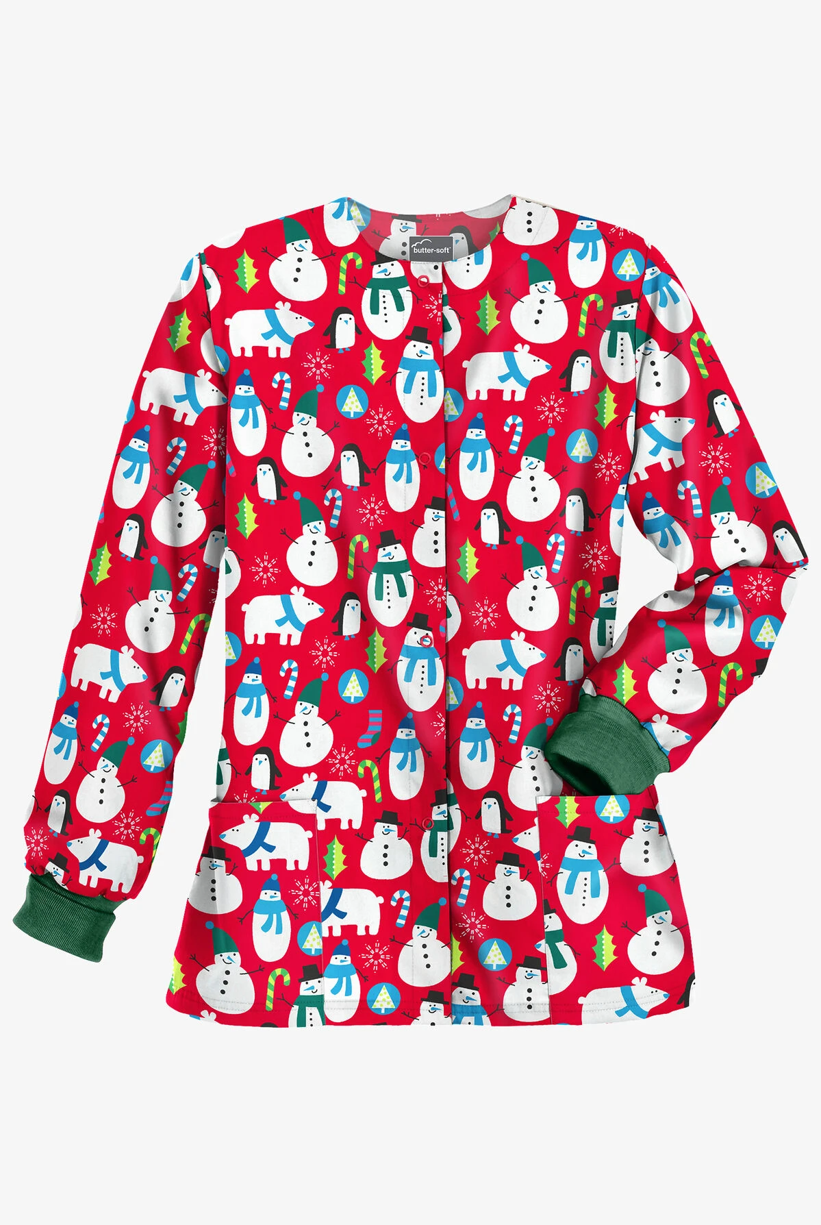 Butter-Soft North Pole Party Red Women's 2-Pocket Warm-Up Print Scrub Jacket 3 Butter-Soft North Pole Party Red Women's 2-Pocket Warm-Up Print Scrub Jacket