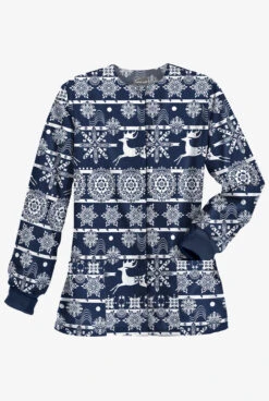 Butter-Soft Nordic Winter Navy Women's 2-Pocket Warm-Up Print Scrub Jacket