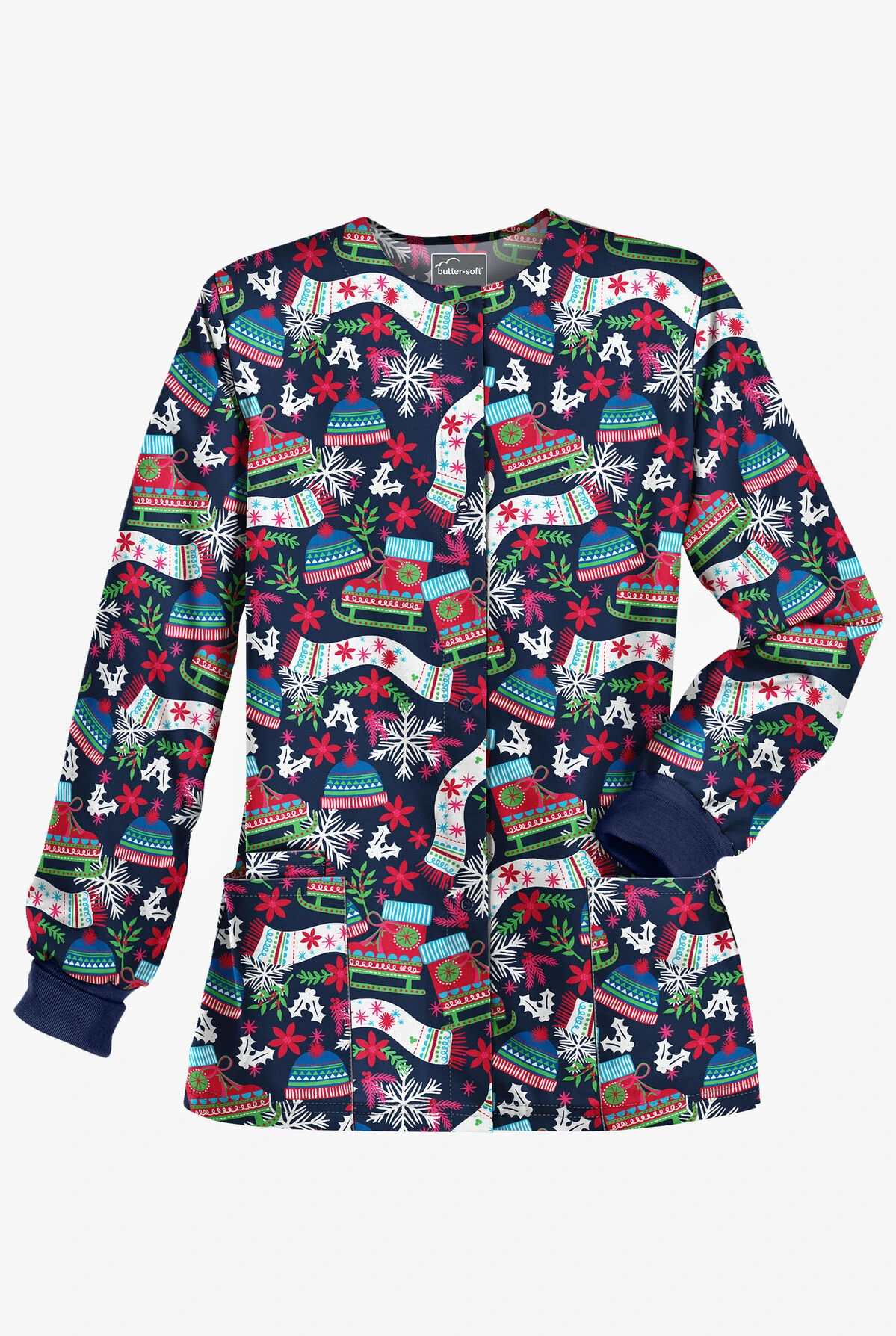 Butter-Soft Christmas Skate Navy Women's 3-Pocket Snap Front Printed Jacket 3 Butter-Soft Christmas Skate Navy Women's 3-Pocket Snap Front Printed Jacket