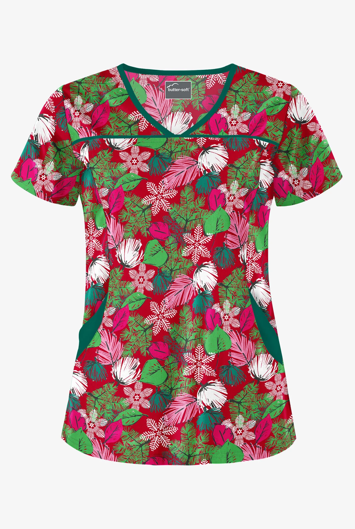 Butter-Soft Christmas Frost Red Women's 4-Pocket Princess Seam Print Scrub Top 3 Butter-Soft Christmas Frost Red Women's 4-Pocket Princess Seam Print Scrub Top