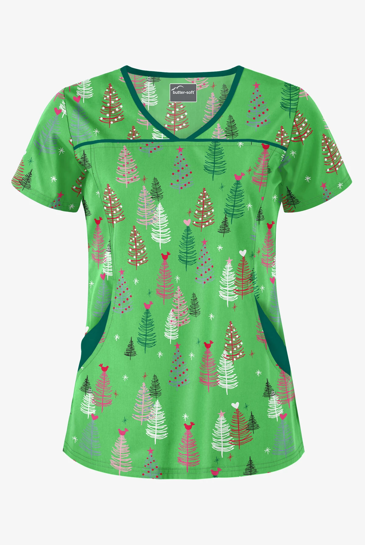 Butter-Soft Joy Forest Gecko Green Women's 4-Pocket Princess Seam Print Scrub Top 3 Butter-Soft Joy Forest Gecko Green Women's 4-Pocket Princess Seam Print Scrub Top