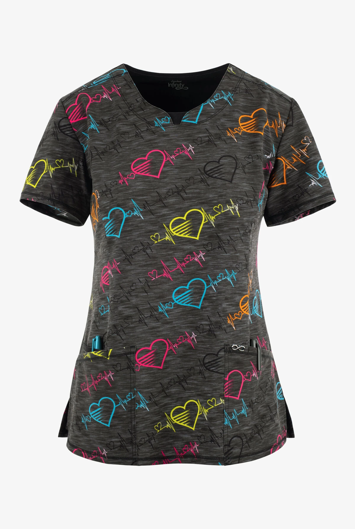 Cherokee Infinity Pop Beats EKG Hearts Women's 3-Pocket STRETCH V-Neck Print Scrub Top 3 Cherokee Infinity Pop Beats EKG Hearts Women's 3-Pocket STRETCH V-Neck Print Scrub Top