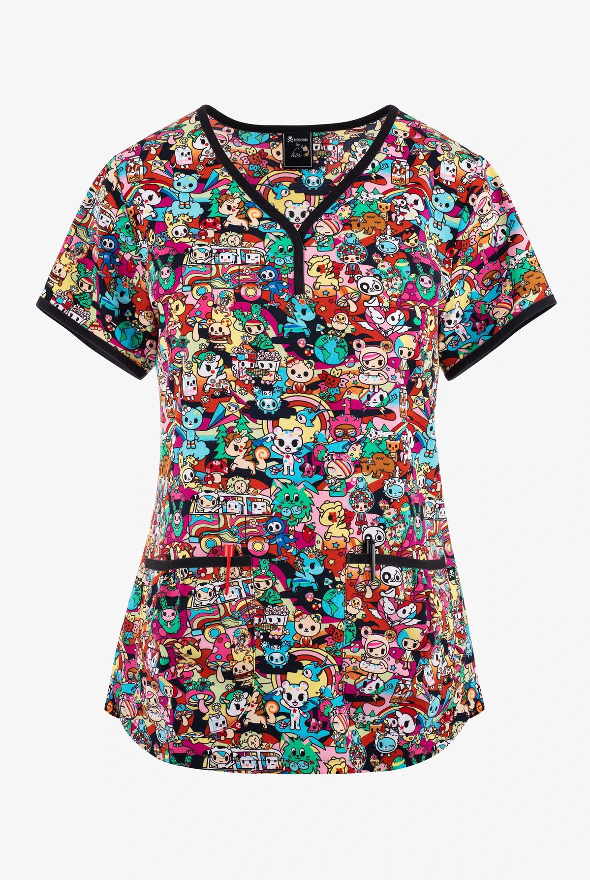 Koi Tokidoki Stay Groovy Women's 2-Pocket STRETCH Y-Neck Print Scrub Top 3 Koi Tokidoki Stay Groovy Women's 2-Pocket STRETCH Y-Neck Print Scrub Top