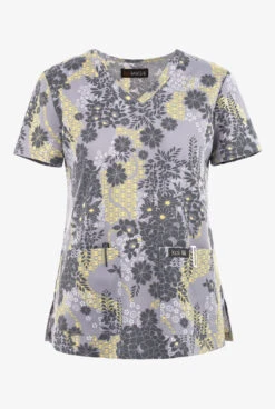 Koi Basics Lace Platinum Floral Women's 2-Pocket STRETCH V-Neck Print Scrub Top