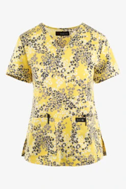 Koi Basics Pool Side Leopard Sunshine Women's 2-Pocket STRETCH V-Neck Print Scrub Top