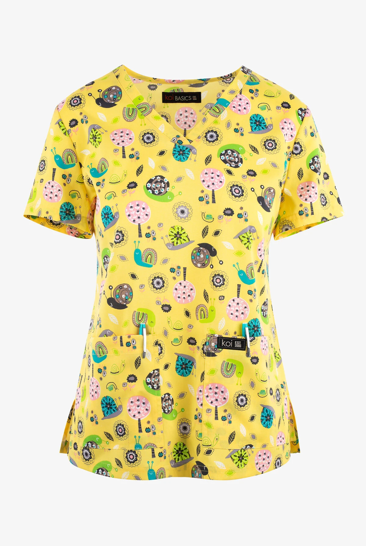 Koi Basics Sunny Snails Women's 2-Pocket STRETCH V-Neck Print Scrub Top 3 Koi Basics Sunny Snails Women's 2-Pocket STRETCH V-Neck Print Scrub Top