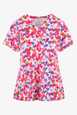 Maevn One Love Hearts Women's 3-Pocket STRETCH V-Neck Print Scrub Top