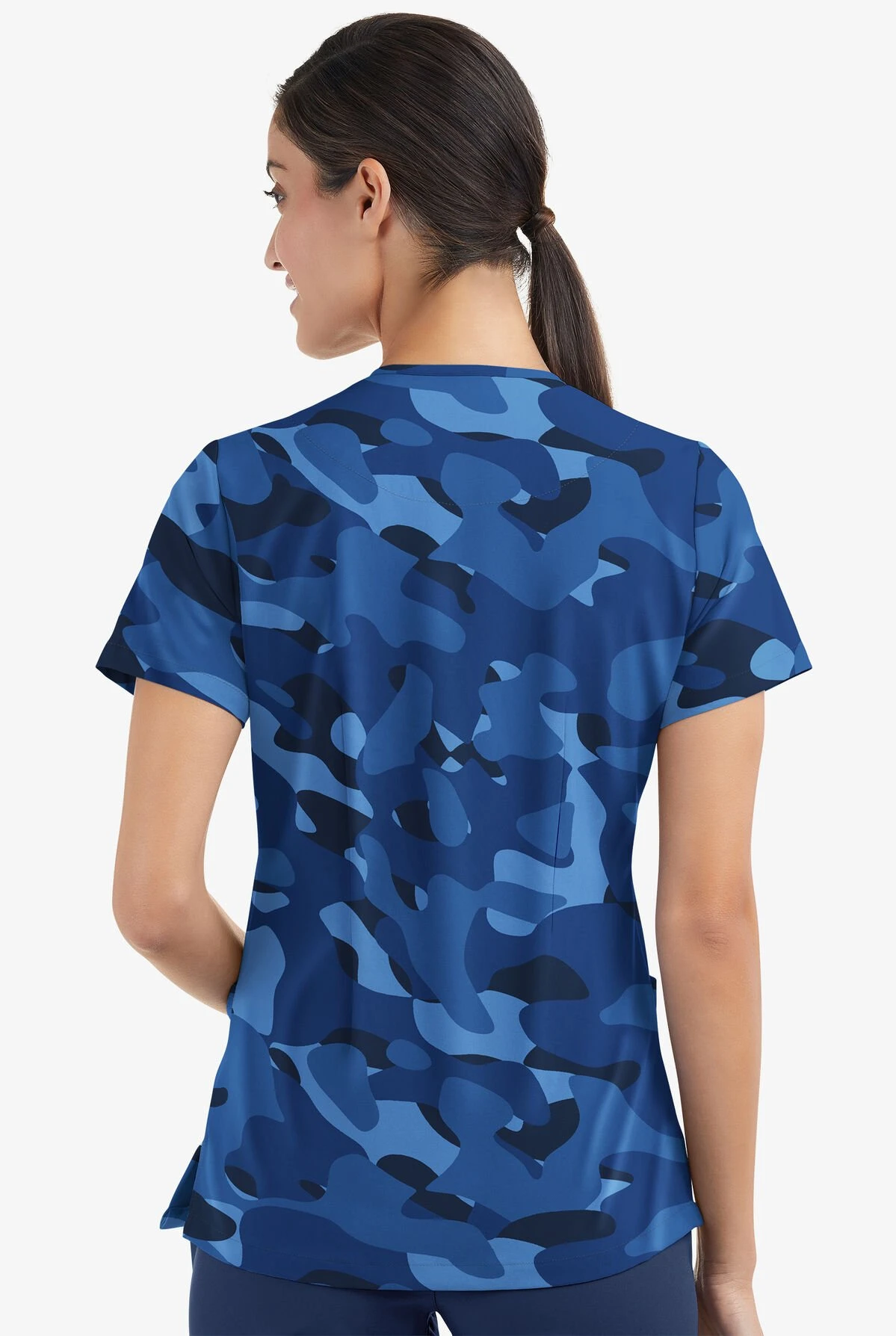 Easy Stretch By Butter-Soft Cloud Camo Navy Women's 2-Pocket Mitered V-Neck Printed Scrub Top 5 Easy Stretch By Butter-Soft Cloud Camo Navy Women's 2-Pocket Mitered V-Neck Printed Scrub Top - Image 3