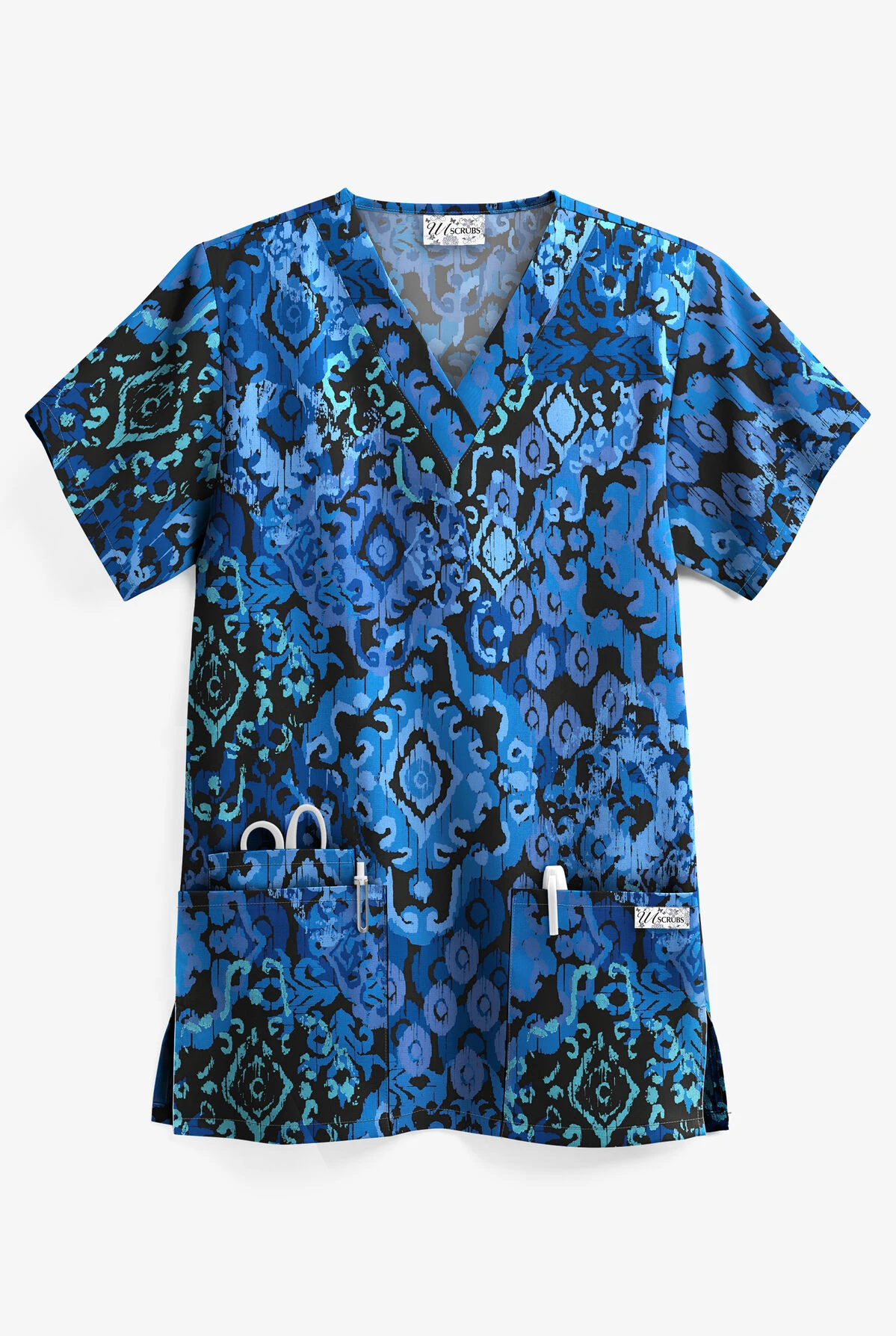 UA Ikat Paradise Black Printed Women's 3-Pocket V-Neck Scrub Top 3 UA Ikat Paradise Black Printed Women's 3-Pocket V-Neck Scrub Top