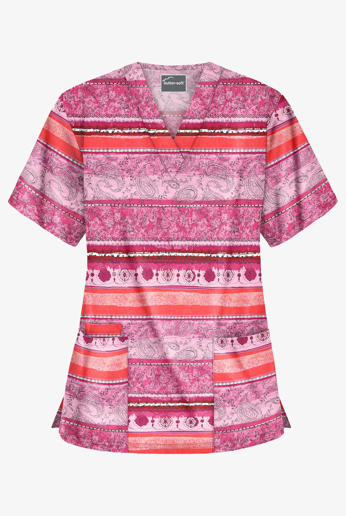 Butter-Soft Delhi Stripe Red Women's 3-Pocket V-Neck Print Scrub Top 3 Butter-Soft Delhi Stripe Red Women's 3-Pocket V-Neck Print Scrub Top