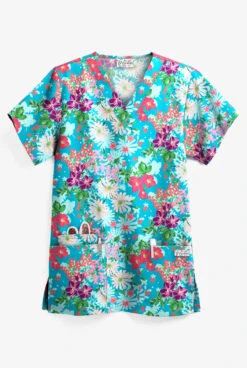 UA Garden Paradise Turquoise Women's 3-Pocket V-Neck Print Scrub Top