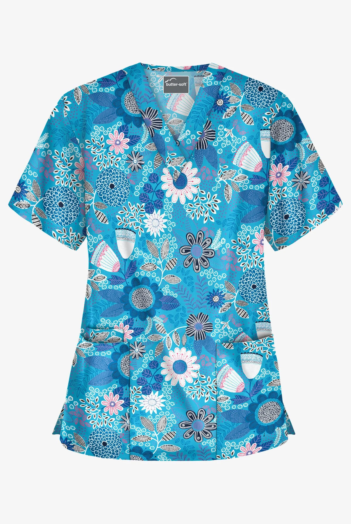 Butter-Soft Kiev Floral Turquoise Women's 3-Pocket V-Neck Printed Scrub Top 3 Butter-Soft Kiev Floral Turquoise Women's 3-Pocket V-Neck Printed Scrub Top