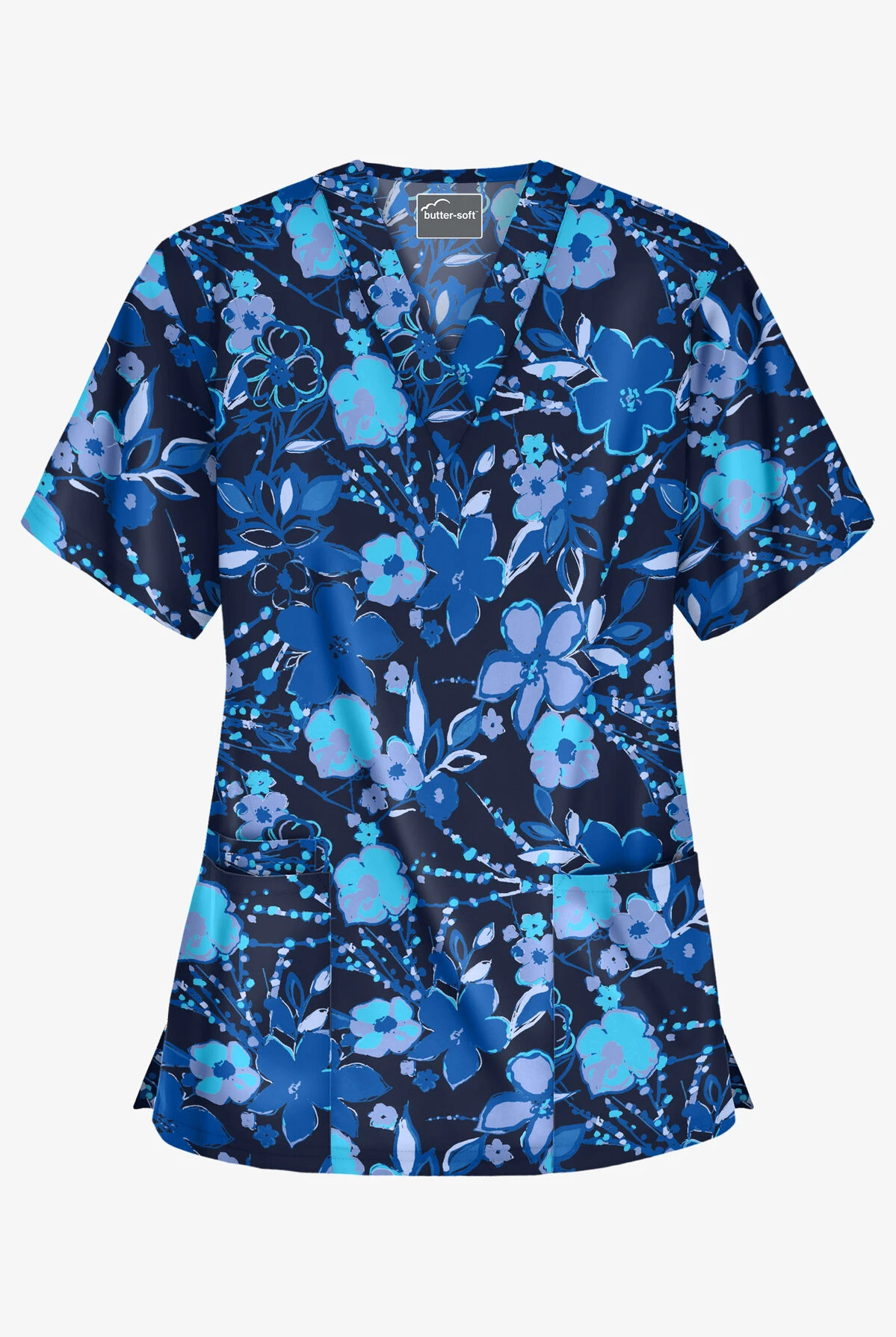 Butter-Soft London Floral Navy Women's 3-Pocket V-Neck Print Scrub Top 3 Butter-Soft London Floral Navy Women's 3-Pocket V-Neck Print Scrub Top