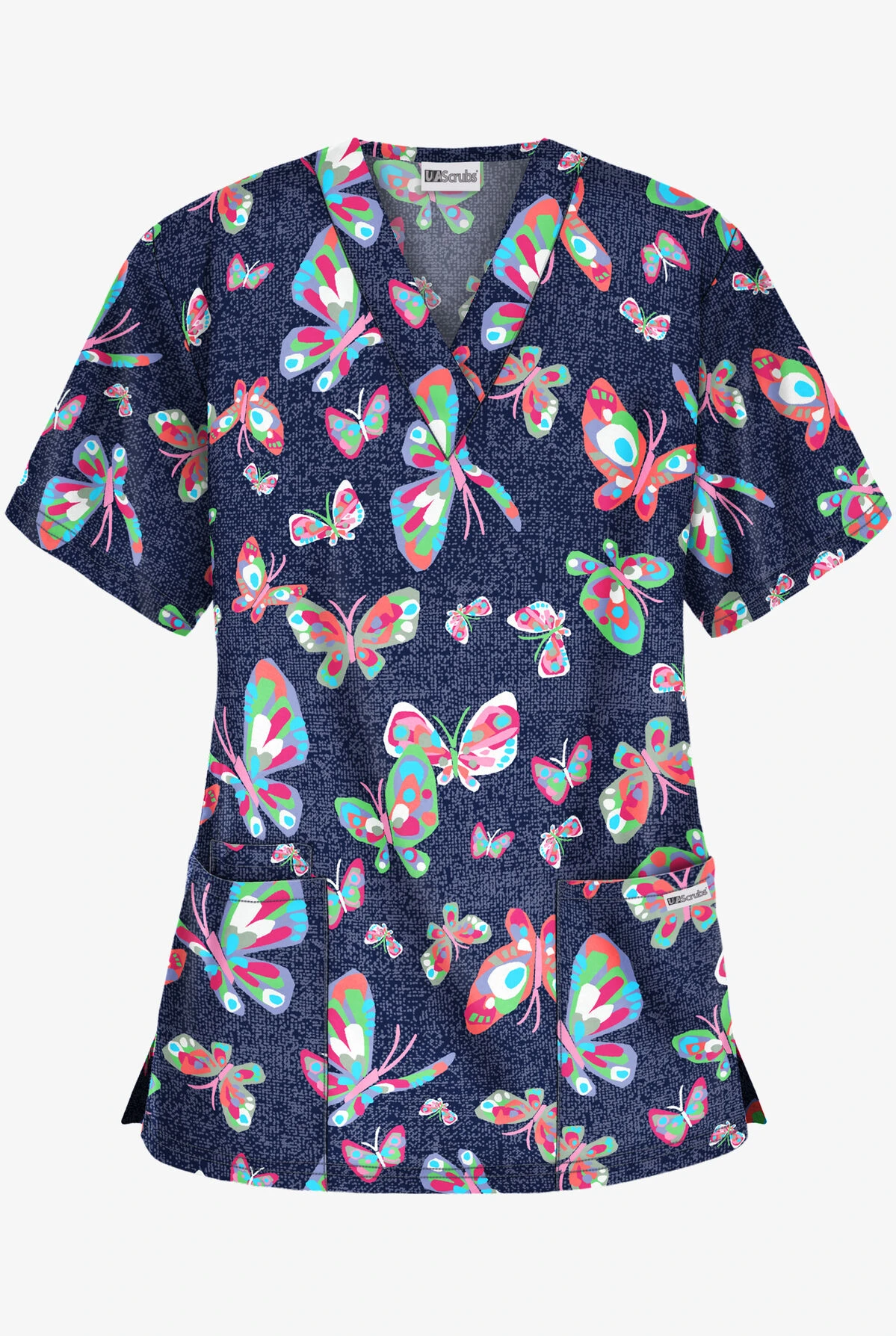 UA Best Buy Butterfly Dance Navy Women's 3-Pocket V-Neck Print Scrub Top 3 UA Best Buy Butterfly Dance Navy Women's 3-Pocket V-Neck Print Scrub Top