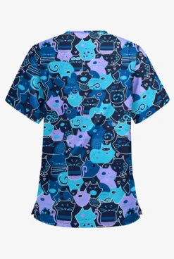 Butter-Soft Puzzle Cats Navy Women's 3-Pocket V-Neck Print Scrub Top -Fashion Clothing PC61PZN 2