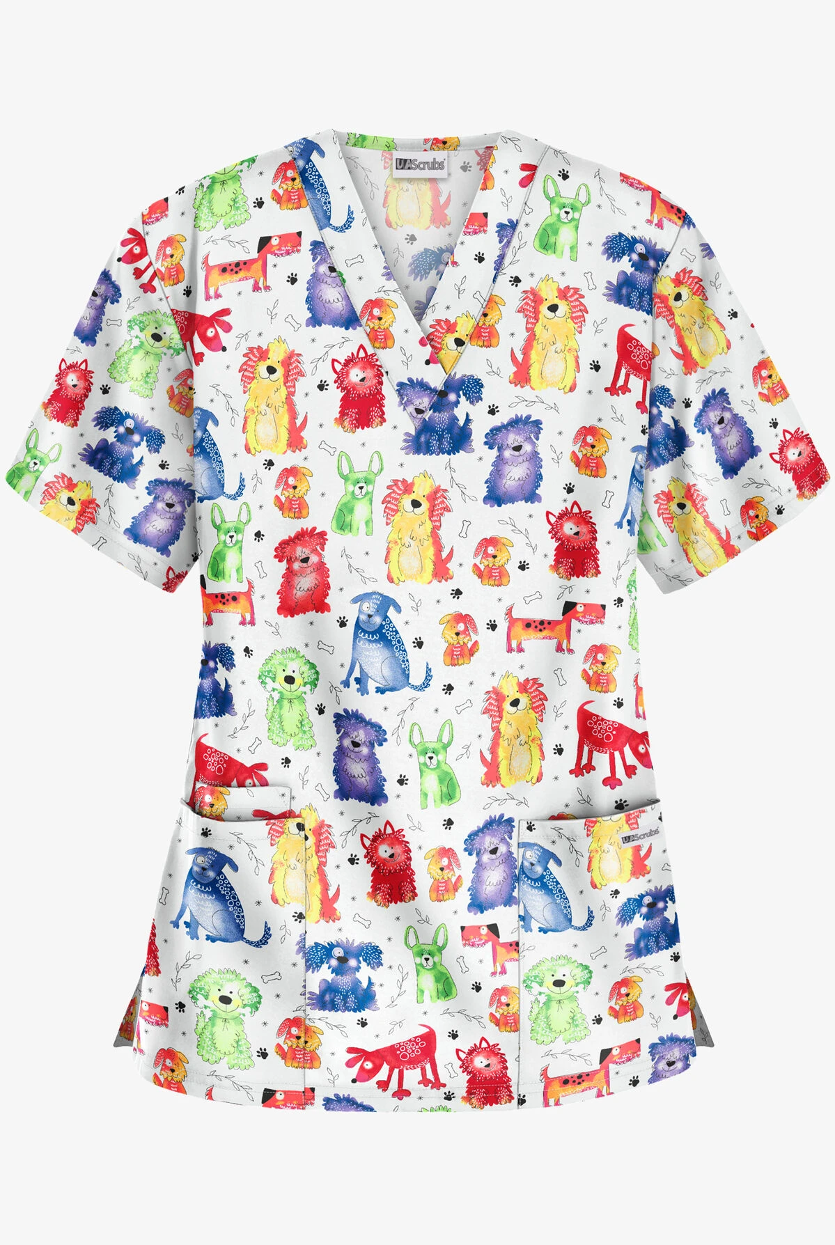 UA Best Buy Playful Doggies White Printed Women's 3-Pocket V-Neck Scrub Top 3 UA Best Buy Playful Doggies White Printed Women's 3-Pocket V-Neck Scrub Top