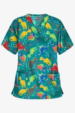 Butter-Soft Colorful Dinos Teal Women's 2-Pocket V-Neck Print Scrub Top