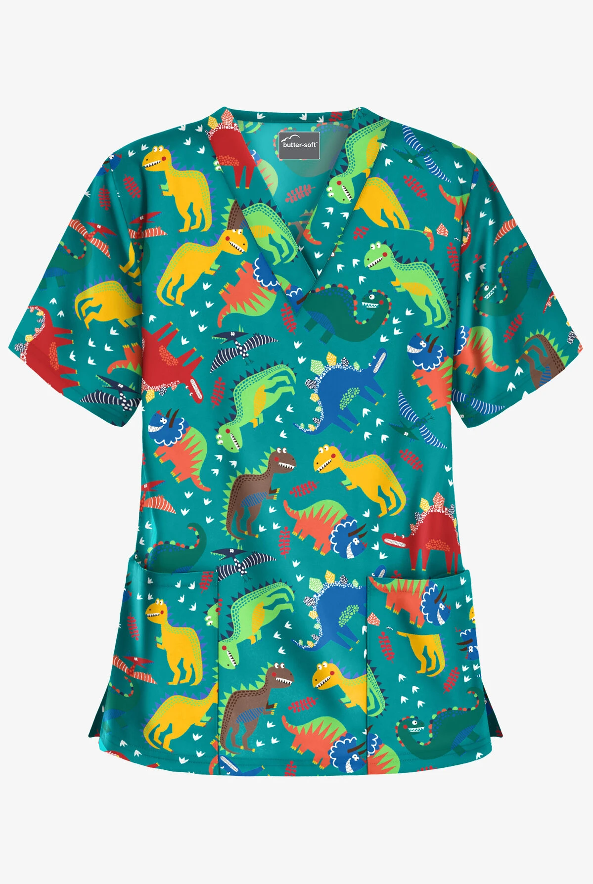 Butter-Soft Colorful Dinos Teal Women's 2-Pocket V-Neck Print Scrub Top 3 Butter-Soft Colorful Dinos Teal Women's 2-Pocket V-Neck Print Scrub Top