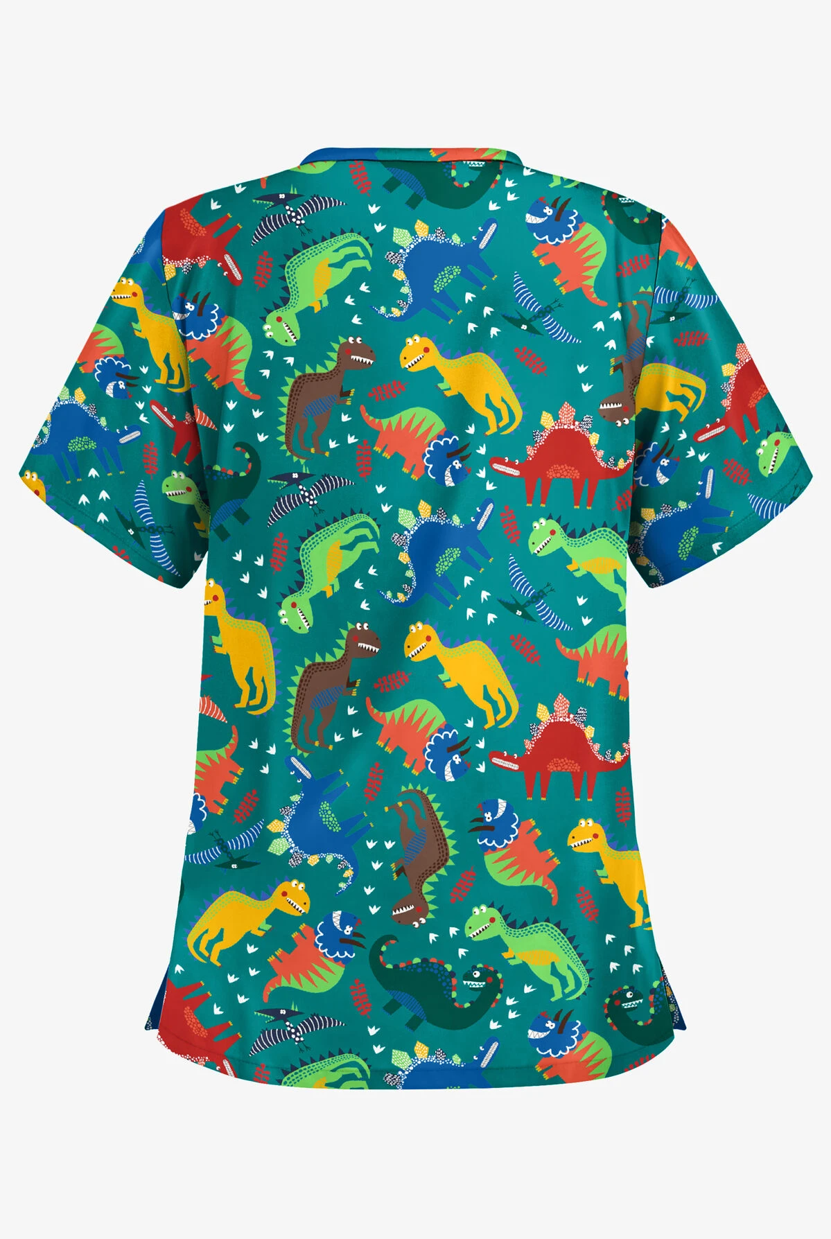 Butter-Soft Colorful Dinos Teal Women's 2-Pocket V-Neck Print Scrub Top 4 Butter-Soft Colorful Dinos Teal Women's 2-Pocket V-Neck Print Scrub Top - Image 2