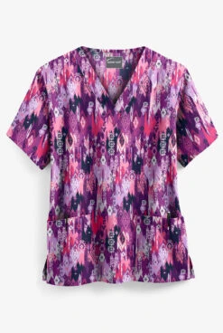 Butter-Soft Festive Ikat Eggplant Women's 2-Pocket V-Neck Print Scrub Top
