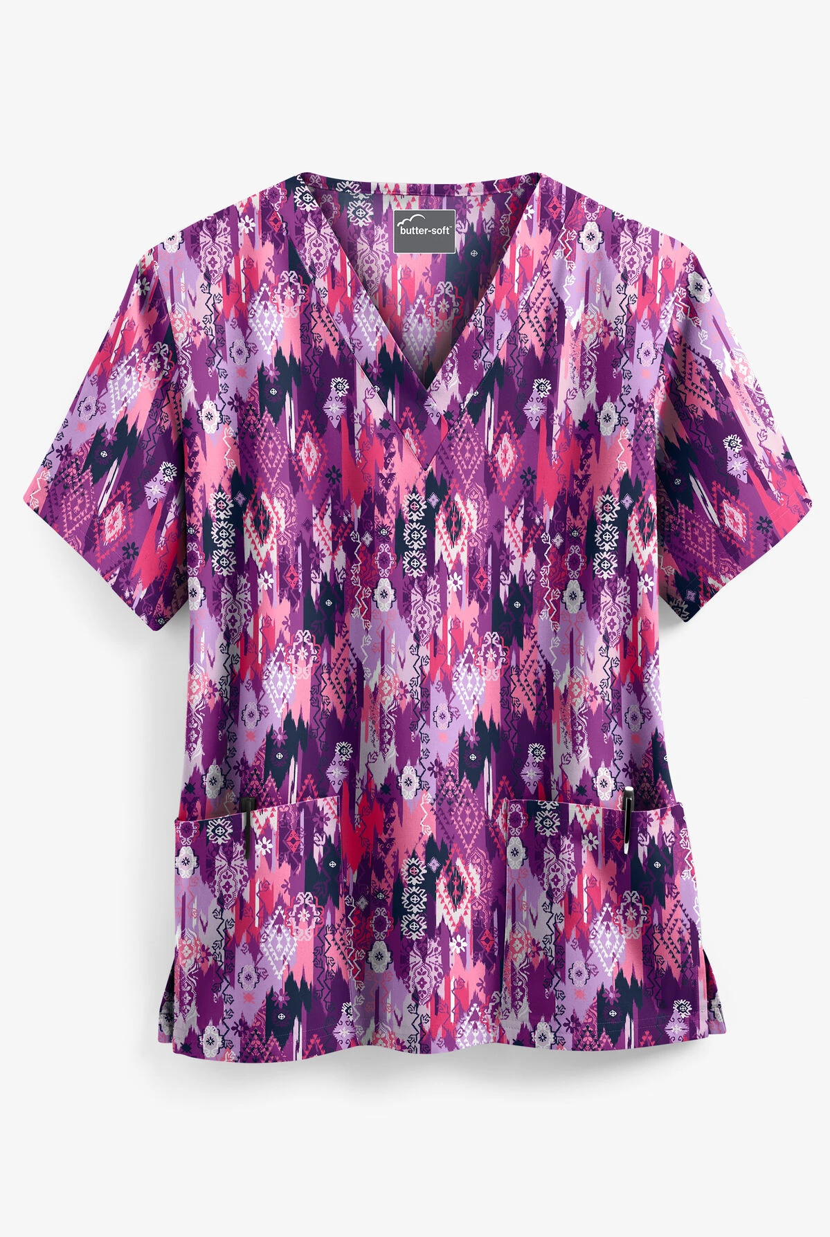 Butter-Soft Festive Ikat Eggplant Women's 2-Pocket V-Neck Print Scrub Top 3 Butter-Soft Festive Ikat Eggplant Women's 2-Pocket V-Neck Print Scrub Top