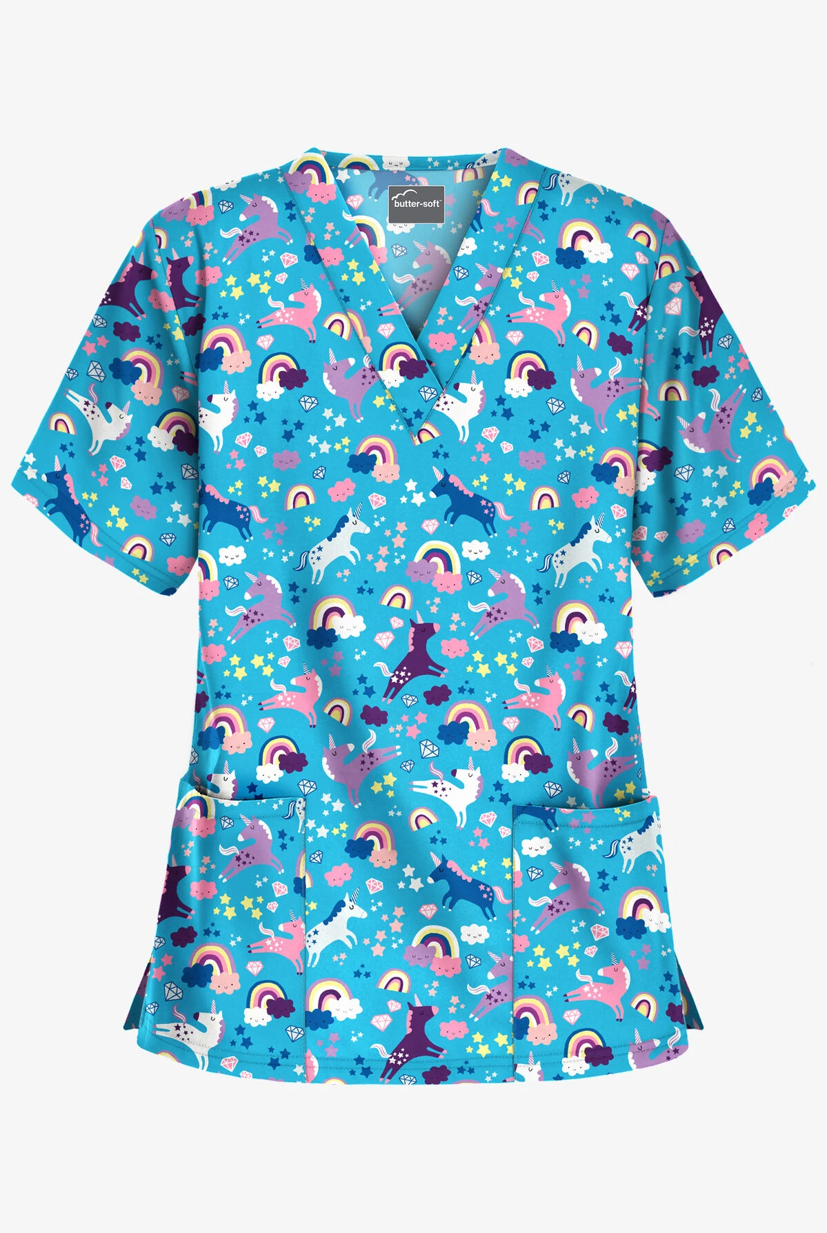 UA Butter-Soft Unicorn Adventure Turquoise Women's 2-Pocket V-Neck Print Scrub Top 3 UA Butter-Soft Unicorn Adventure Turquoise Women's 2-Pocket V-Neck Print Scrub Top