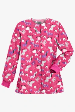 Butter-Soft Walk In The Park Fuchsia Women's 2-Pocket Warm Up Print Scrub Jacket