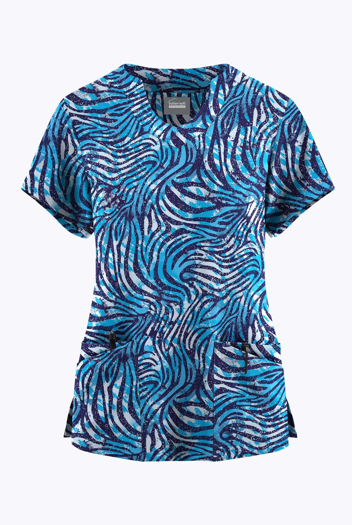 Butter-Soft Originals Abstract Zebra Turquoise Women's 6-Pocket Scallop Neck Printed Scrub Top 2 Butter-Soft Originals Abstract Zebra Turquoise Women's 6-Pocket Scallop Neck Printed Scrub Top