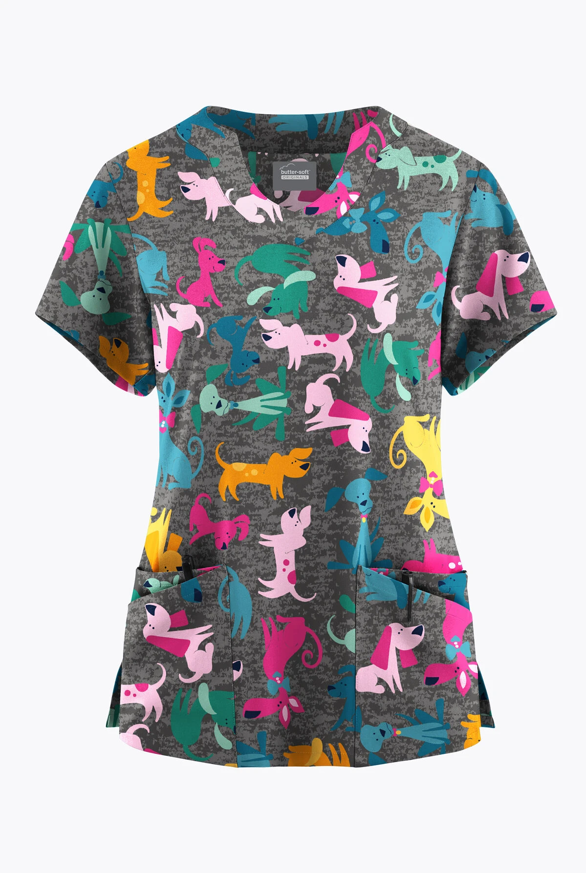 Butter-Soft Originals Paw Friends Pewter Women's 6-Pocket Scallop Neck Printed Scrub Top 3 Butter-Soft Originals Paw Friends Pewter Women's 6-Pocket Scallop Neck Printed Scrub Top