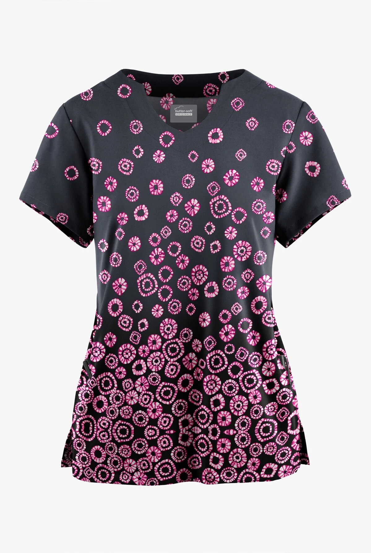 Butter-Soft Originals Jakarta Border Pewter Women's 2-Pocket Scallop Neck Printed Scrub Top 3 Butter-Soft Originals Jakarta Border Pewter Women's 2-Pocket Scallop Neck Printed Scrub Top