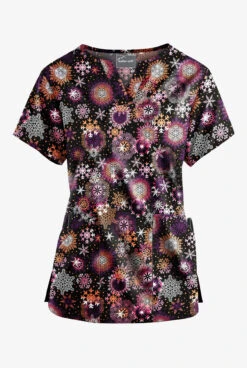 Butter-Soft Dazzling Snowflakes Women’s 4-Pocket V Notch-Neck Printed Scrub Top